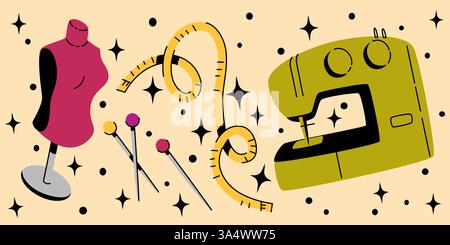Vintage Schneiderausrüstung auf gelbem Hintergrund. Vektor-Karikaturillustration der Nähmaschine, Nadelnadeln, Maßband, Schaufensterpuppe, Retro-Mode-Design-Muster, Bekleidungszubehör Stock Vektor