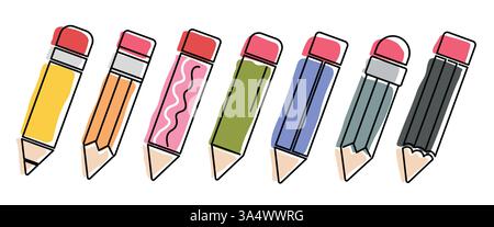 Bleistift farbenfrohe Kontur Clipart Set. Color Bleistiftkunst liefert ClipArt für Schulartikel und Bürobedarf Sammlung von Schreib- und Zeichenobjekten Stock Vektor