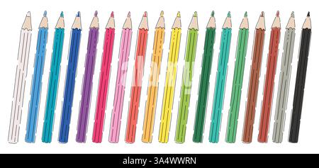Farbstift Kontur buntes Clipart Set. Farbbleistift Schulartikel Clip Art für Kunstbedarf und Zeichenmarkierelemente in mehrfarbiger Kollektion Stock Vektor