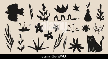 Set von abstrakten organischen Formen im geschnittenen Boho-Stil - handgezeichnete Vektorillustrationen von Pflanzen und Tieren in Schwarz. Blätter im Doodle-Stil, Blumen, Vogel- und Katzensilhouette. Niedliches botanisches Design. Stock Vektor