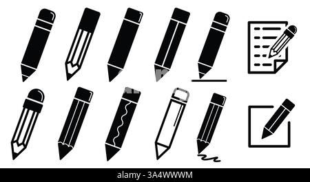 Stiftsymbol Silhouette Clipart Set. Die Kollektion mit Bleistiftumrissen und Symbolclips zum Schreiben, Verfassen, Ändern und Bearbeiten von Elementen in der Schule und im Büro Stock Vektor