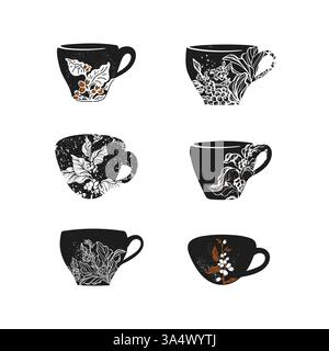Satz Kaffeetassen. Aroma tropische Pflanze, Bohne. Schwarze Vektorsilhouette auf weißem Hintergrund. Textur-Vintage-Illustration für Menü Stock Vektor