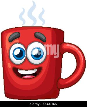 Eine lebendige Vektor-Illustration einer lächelnden roten Kaffeetasse mit ausdrucksstarken Augen und Dampf, die einen verspielten Cartoon-Stil zeigt Stock Vektor