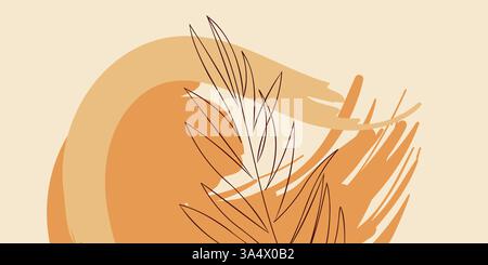 Abstraktes minimalistisches Kunstwerk mit Erdtönen und stilisierten Pflanzenmustern Stock Vektor
