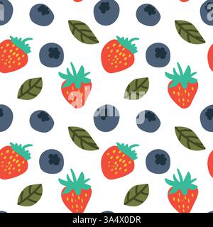 Buntes, handgezeichnetes Obst- und Blattmuster mit Erdbeeren und Heidelbeeren Stock Vektor