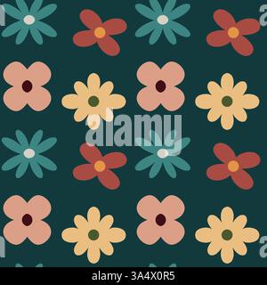 Nahtloses Muster mit bunten stilisierten Blumen auf dunklem Hintergrund Stock Vektor
