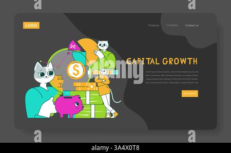 Abbildung: Business Cat. Eine humorvolle Vorstellung von Finanzen, bei der Katzen Wachstumsstrategien analysieren. Ansprechende Grafik mit Geld, Grafiken und verspielten Charakteren. Perfekt für Finanzthemen. Vektorabbildung. Stock Vektor