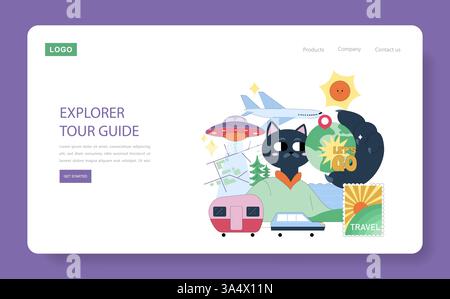Explorer Tour Guide Konzept. Eine unterhaltsame und ansprechende Illustration, die für Reiseabenteuer und Entdeckungen sorgt. Bietet verschiedene Reisemodi und verspielte Charaktere, die das Fernweh fördern. Vektorabbildung. Stock Vektor