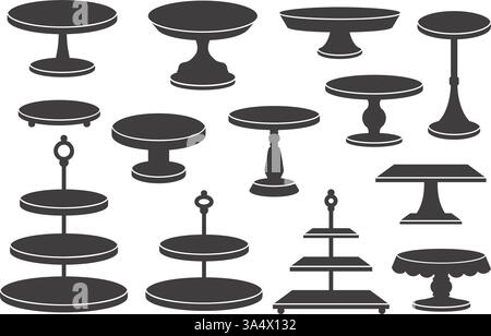 Silhouetten des Kuchenständers. Tabletts und Platten für Tee und Desserts. Vektorabbildungen auf weißem Hintergrund. Einfache schwarze Displays für Lebensmittel Stock Vektor