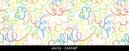 Nahtloses Muster mit Kritzelkreiden. Moderne rot-blau-grüne Striche, gezeichnet mit Wachsstift auf weißer Tafel. Lustige bunte Hintergrundbilder Stock Vektor