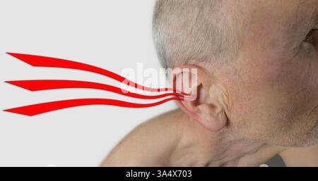 Senior pensionierter Mann, schwer hörbar Stockfoto