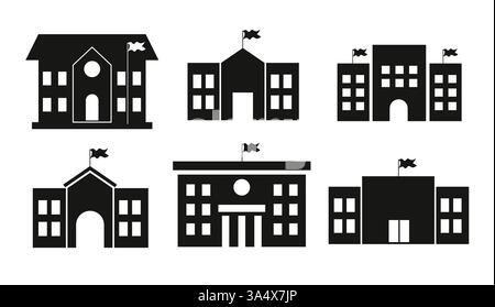 Clipart-Set für die Schulsilhouette. Schule Universität College Gebäude Clip Art in schwarz-weiß Klassenzimmer für Studenten und Schüler Sammlung Vektor Stock Vektor