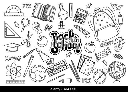 Zurück zur Schule Gliederung Elemente Clipart Set. Schulzeichnung Silhouetten Clips Kunst Lehrgegenstände, Zubehör und Material Iconsammlung Stock Vektor