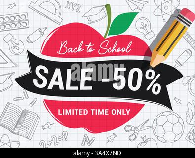 Clipart-Bannerdesign für den Schulverkauf. Back-to-School-Verkauf mit 50 % Rabatt auf Clip-Art für begrenzte Zeit Angebot Shopping-Promo in Raster Hintergrund Vektor Stock Vektor