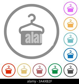 Handtuch auf Bügel flache farbige Symbole in runden Umrissen auf weißem Hintergrund Stock Vektor