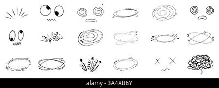 Schwindeleffekt, Kopfschmerzen, krankes Zeichnen-Doodle-Comic-Set. Schwindelgesichter, Stars über dem Kopf, Emotionen, verrückte handgezeichnete Linien-Kollektion. Vektorabbildung Stock Vektor