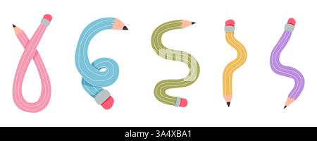 Verdrehter, gekrümmter Comic-Bleistift, der skizzenhaft kritzelnd ist. Linie Hand gezeichnet einfacher Bleistift. Flippiges flexibles Schulmaterial. Trendiges Schreibwerkzeug. Vektorabbildung Stock Vektor