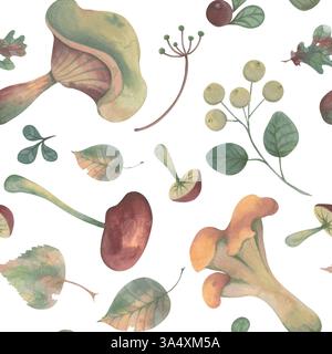 Pilze, Blätter und Beeren in nahtlosem Muster im Herbst Stockfoto