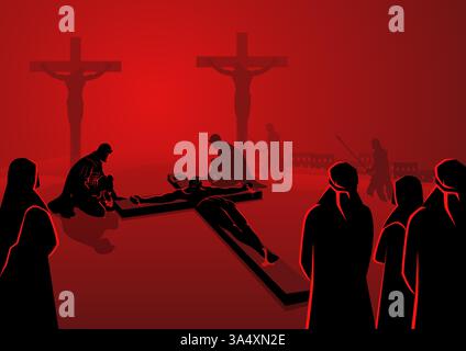 Biblische Vektor-Illustration-Serie. Kreuzweg oder Kreuzstationen, elfte Station, Jesus wird ans Kreuz genagelt. Stock Vektor