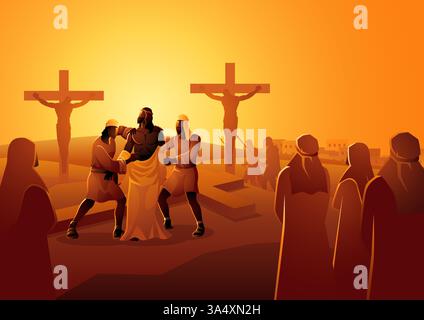 Biblische Vektor-Illustration-Serie. Weg des Kreuzes oder Stationen des Kreuzes, zehnte Station, Jesus wird seine Kleider ausgezogen. Stock Vektor