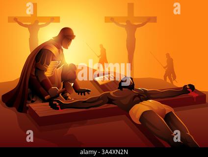 Biblische Vektor-Illustration-Serie. Kreuzweg oder Kreuzstationen, elfte Station, Jesus wird ans Kreuz genagelt. Stock Vektor