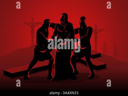 Biblische Vektor-Illustration-Serie. Weg des Kreuzes oder Stationen des Kreuzes, zehnte Station, Jesus wird seine Kleider ausgezogen. Stock Vektor