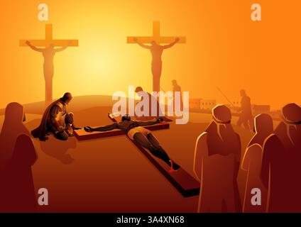 Biblische Vektor-Illustration-Serie. Kreuzweg oder Kreuzstationen, elfte Station, Jesus wird ans Kreuz genagelt. Stock Vektor