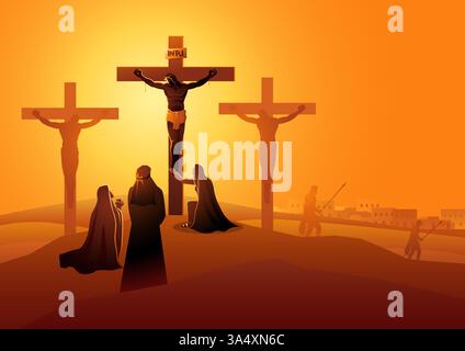 Biblische Vektor-Illustrationsserie. Kreuzweg oder Kreuzbahnhöfe, zwölfter Bahnhof. Maria, die Mutter Jesu, Johannes, Maria Magdalena Stock Vektor