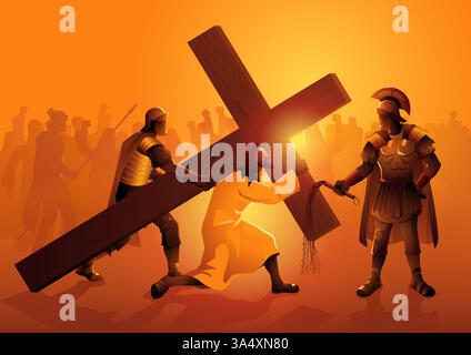 Biblische Vektor-Illustration des Weges des Kreuzes oder Stationen des Kreuzes, zweite Station, Jesus akzeptiert sein Kreuz. Stock Vektor