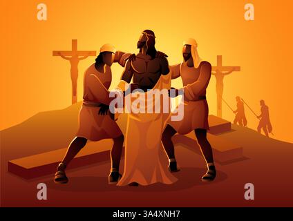 Biblische Vektor-Illustration-Serie. Weg des Kreuzes oder Stationen des Kreuzes, zehnte Station, Jesus wird seine Kleider ausgezogen. Stock Vektor