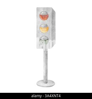Ampelzeichen mit Wasserfarben rot gelb grün Verkehrssicherheitsvorschriften. Handgezeichnete Illustration isoliert auf Hintergrund für Design Print Kinder Stockfoto