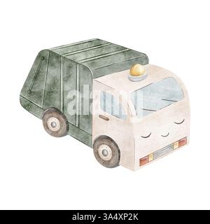 Stadtwagen Müllwagen grün. Aquarellillustration Kindertransport für Jungen. Hand gezeichnet im Cartoon-Stil isoliert auf weißem Hintergrund. Für Stockfoto