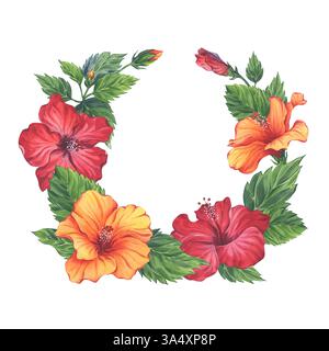 Hibiskus-Blumenkranz in Aquarellfarben mit roten und orangen Blüten. Handgemalte Illustration von rosa sinensis Stockfoto