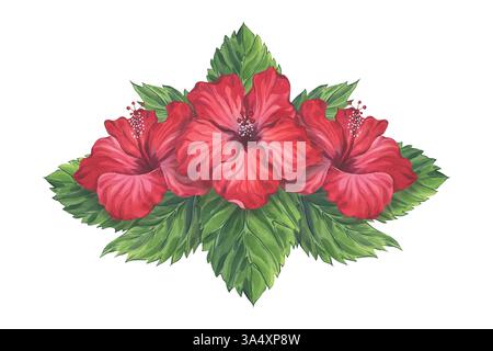 Rote Hibiskusblüten und grüne Blätter symmetrische Aquarellzusammensetzung Stockfoto