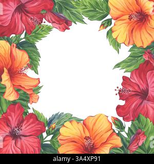 Hibiskus-Blumenrahmen für Karten in Aquarellfarben. Leuchtend rote und orangene Blüten und üppig grüne Blätter. Handgemalte Abbildung Stockfoto