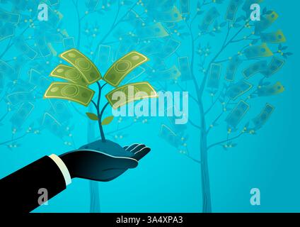 Die Hand pflegt eine junge Geldpflanze vor dem Hintergrund blühender Geldbäume. Zinserträge, Finanzwachstum, Investitionen. Stock Vektor