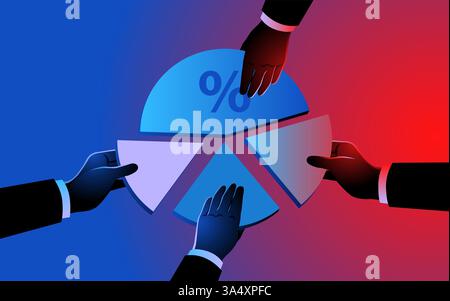 Vier Geschäftsleute überreichen jeweils ein Stück eines Kreisdiagramms, das Aktionärsaktien, Geschäftspartnerschaften und Investitionen symbolisiert. Stock Vektor