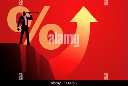 Geschäftsmann am Rande einer Klippe, mit einem Teleskop, um eine steigende Pfeilgrafik mit einem großen Prozentsymbol im Hintergrund zu beobachten Stock Vektor