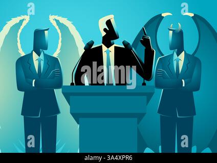 Politiker, der auf einem Podium spricht, flankiert von einem Engel auf der rechten und einem Teufel auf der linken Seite. Moralischer Konflikt und Entscheidungsfindung Stock Vektor