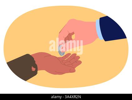 Einfache flache Vektor-Illustration von Wohltätigkeit und Großzügigkeit, mit einer reichen Hand in einem Business-Anzug, die einer armen Hand mit einem gerissenen Ärmel eine Münze gibt Stock Vektor