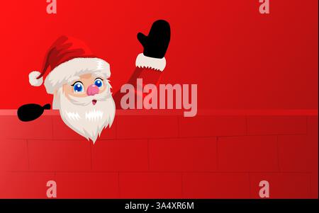 Lustiger Cartoon eines süßen Weihnachtsmanns, der hinter einer Wand schaut und verspielt mit der Hand winkt. Perfekt für Weihnachtskarten, festliche Banner, Weihnachtsangebot Stock Vektor