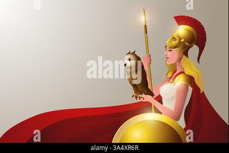 Vektor-Illustration von Athena, der griechischen Göttin der Weisheit und des Krieges, die eine Eule, einen Speer und einen Schild hält Stock Vektor