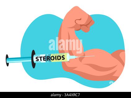 Cartoon-Illustration eines gebeugten Bizeps, der mit Steroiden gespritzt wird. Muskelsteigerung, Leistungssteigerung, Fitnessthemen, Bodybuilding-Diskussion Stock Vektor