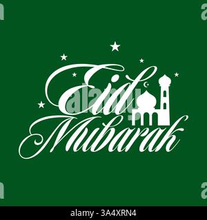 Minimalistische Eid Mubarak Kalligraphie auf grünem Hintergrund, dekoriert mit Moschee und Sternen. Steht für islamische Feier, Eid-Grüße, Ramadan Stock Vektor