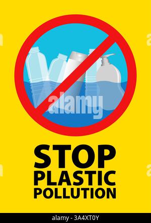 Grafik von Kunststoffflaschen, die im Wasser schweben, mit gekreuzten Linien, die Umweltverschmutzung und die weltweite Kunststoffabfallkrise symbolisieren Stock Vektor