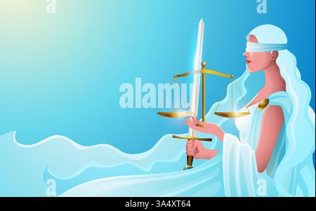 Vektor-Illustration von Themis, der griechischen Göttin der Gerechtigkeit, die ein Schwert und eine Waage hält Stock Vektor