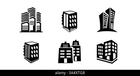Symbolgruppe wird erstellt. Mit Haus, Büro, Bank, Schule, Hotel, Symbole für Geschäfte, Universitäten und Krankenhäuser. Ausgefüllte Symbolsammlung. Vektorabbildung. Stock Vektor