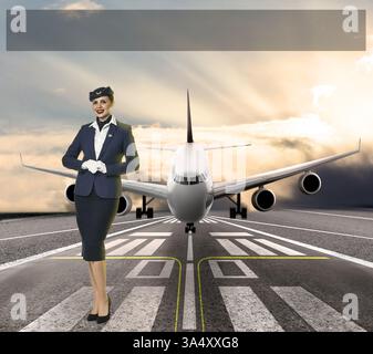 Lächelnde Stewardess in Uniform auf der Landebahn. Das Flugzeug landet hinter ihr Stockfoto
