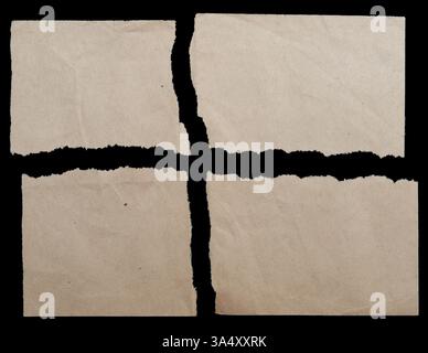 Braune zerrissene Papierstücke auf schwarzem Hintergrund Stockfoto