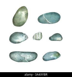 Set von Aquarellillustrationen, Meereskiesel in grauen und blauen Farben, Steine mit Adern, handgezeichnet mit Aquarellen. Geeignet für die Gestaltung von Postkarten Stockfoto